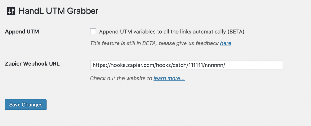 Paste Zapier webhook URL into HandL UTM Grabber settings page
