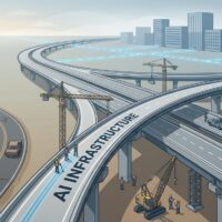 Illustration of AI as infrastructure being built, like highways and data networks