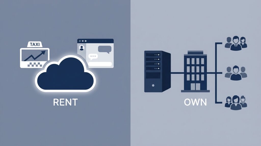 Split-screen illustration of renting AI via cloud APIs versus owning AI infrastructure internally