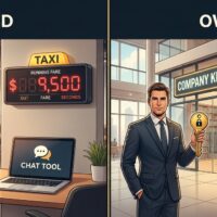 Split image showing a business person renting a furnished office with a running meter on one side, and owning a secure office with a company library on the other side.