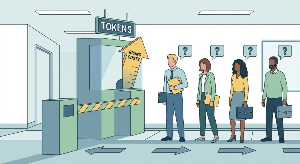 A line of office workers passing through a toll booth labeled 'Tokens' while a cost meter rises as they ask questions.