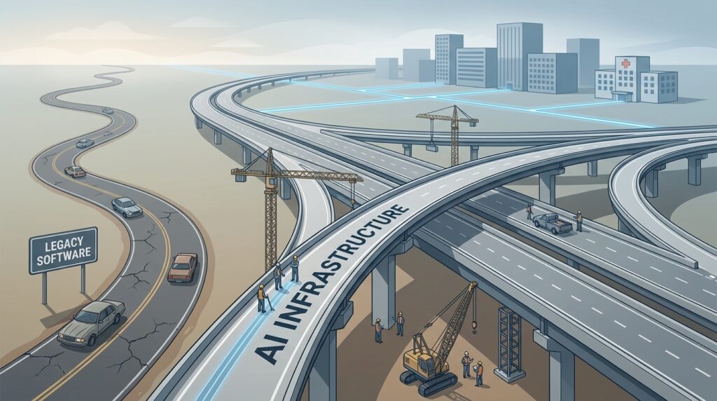 Illustration of AI as infrastructure being built, like highways and data networks