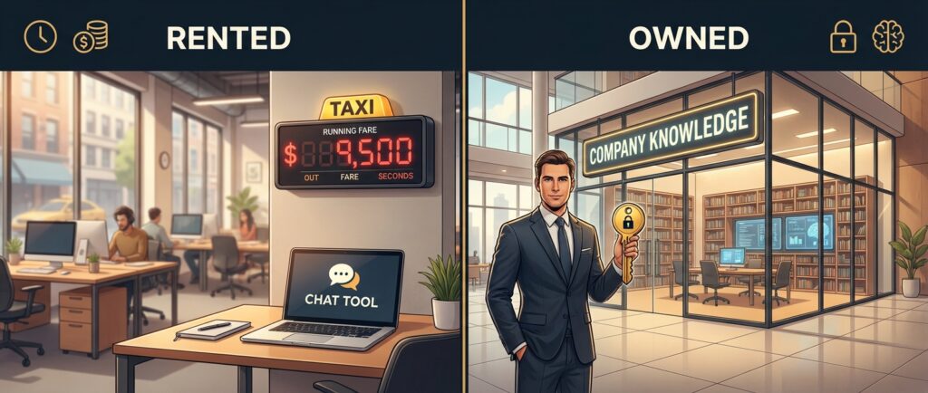 Split image showing a business person renting a furnished office with a running meter on one side, and owning a secure office with a company library on the other side.