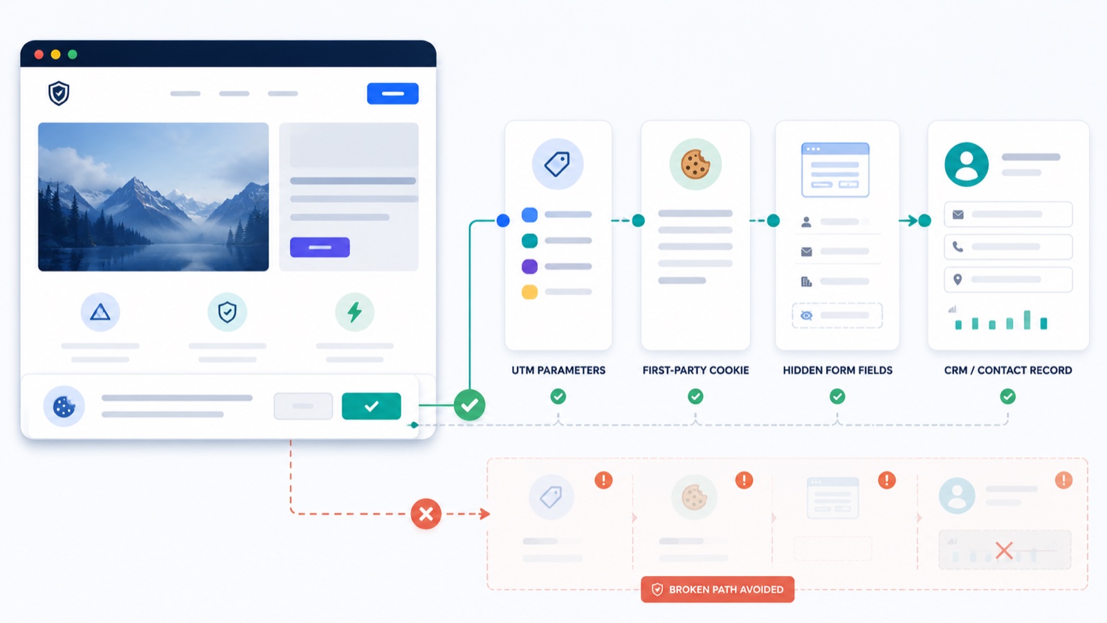 Illustration of a WordPress cookie consent banner passing approved consent signals into UTM tracking, first-party cookies, form fields, and CRM attribution.