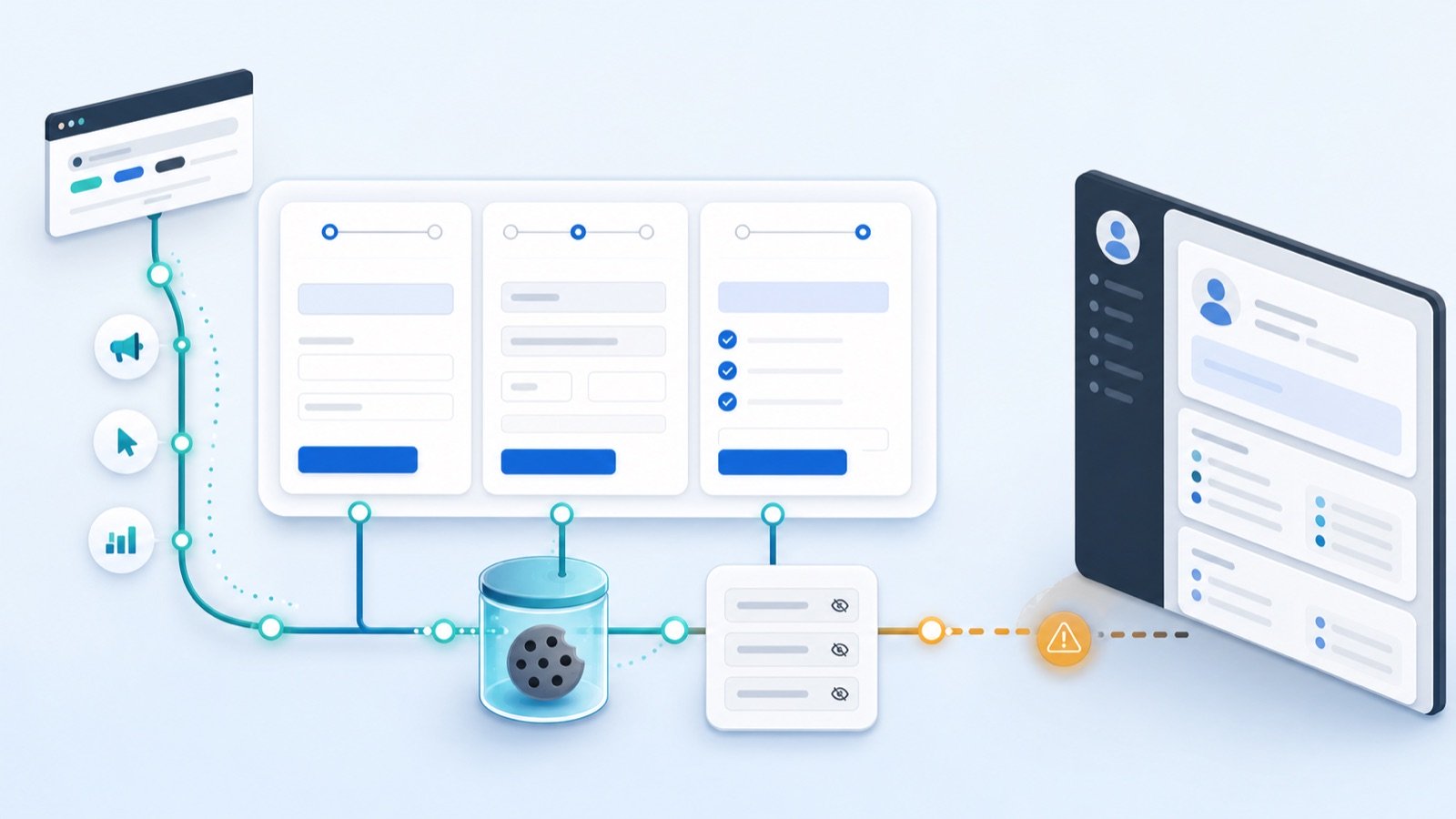 Multi-step WordPress form attribution flow where UTM values move from a campaign visit into cookies, hidden fields, and a CRM record, with one broken handoff highlighted.