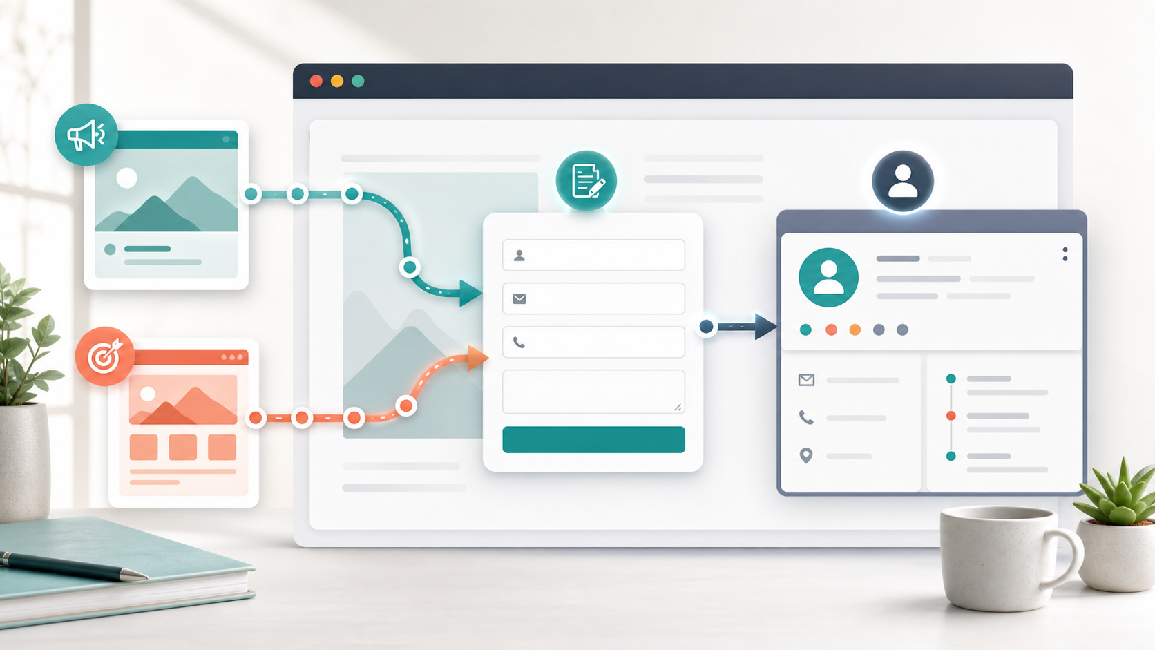 First-touch and last-touch attribution paths converging into a WordPress form and CRM lead record.