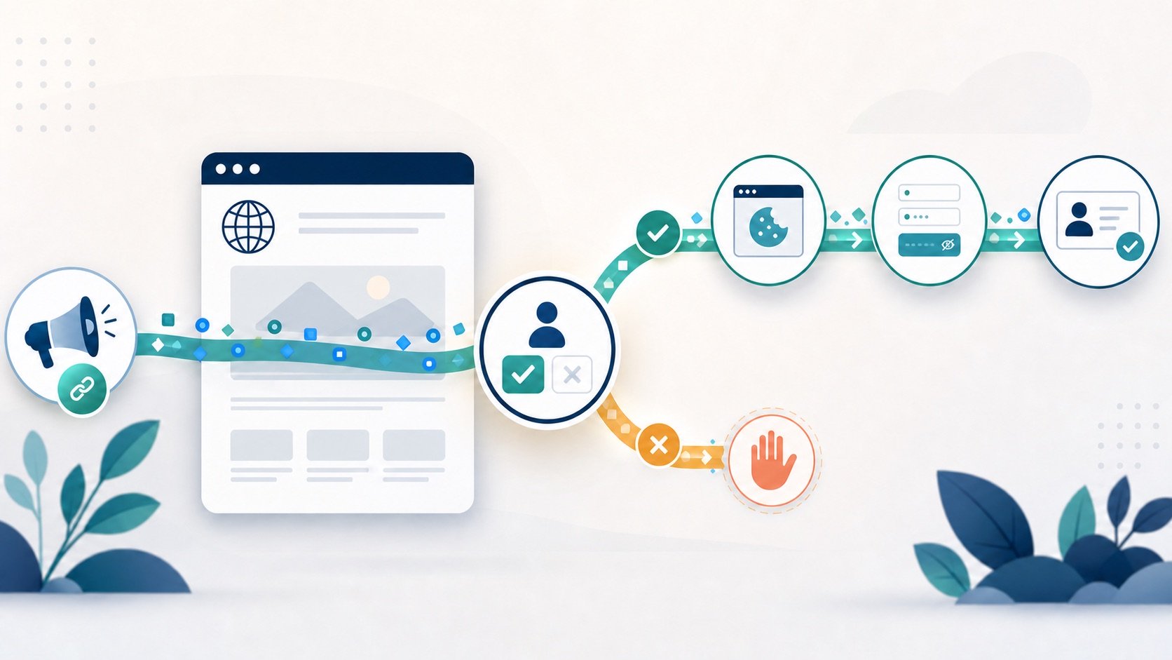 Consent-aware attribution workflow showing a campaign visit reaching a consent choice, with approved UTM data continuing into cookies, form fields, and a CRM while declined tracking stops.