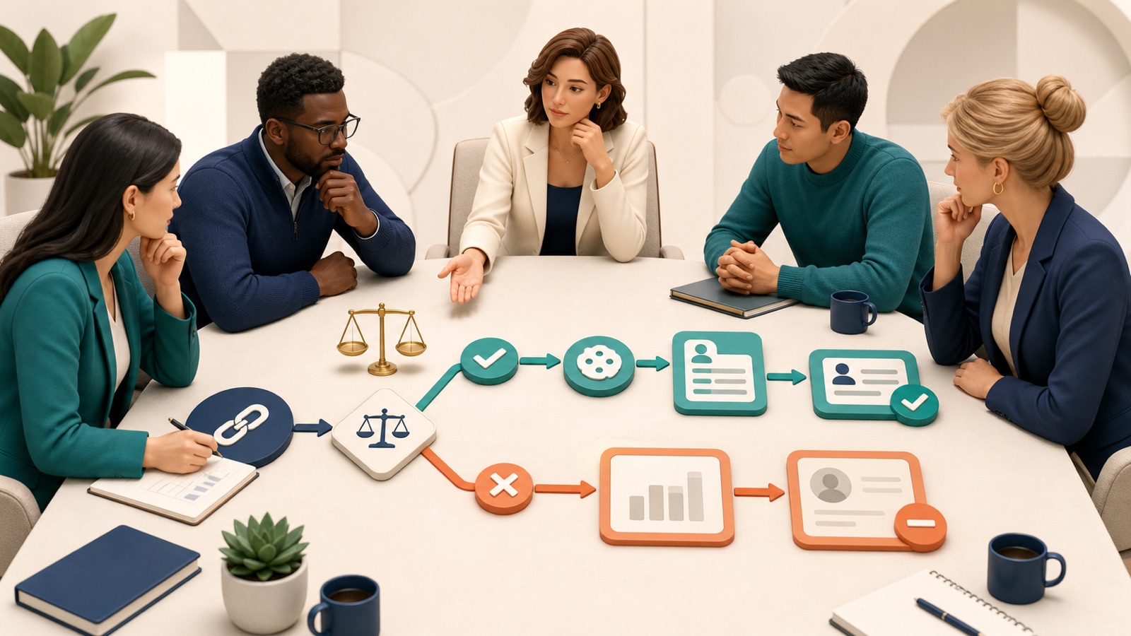Marketing, privacy, analytics, sales, and leadership reviewing how a consent decision splits UTM attribution into captured and unavailable paths.