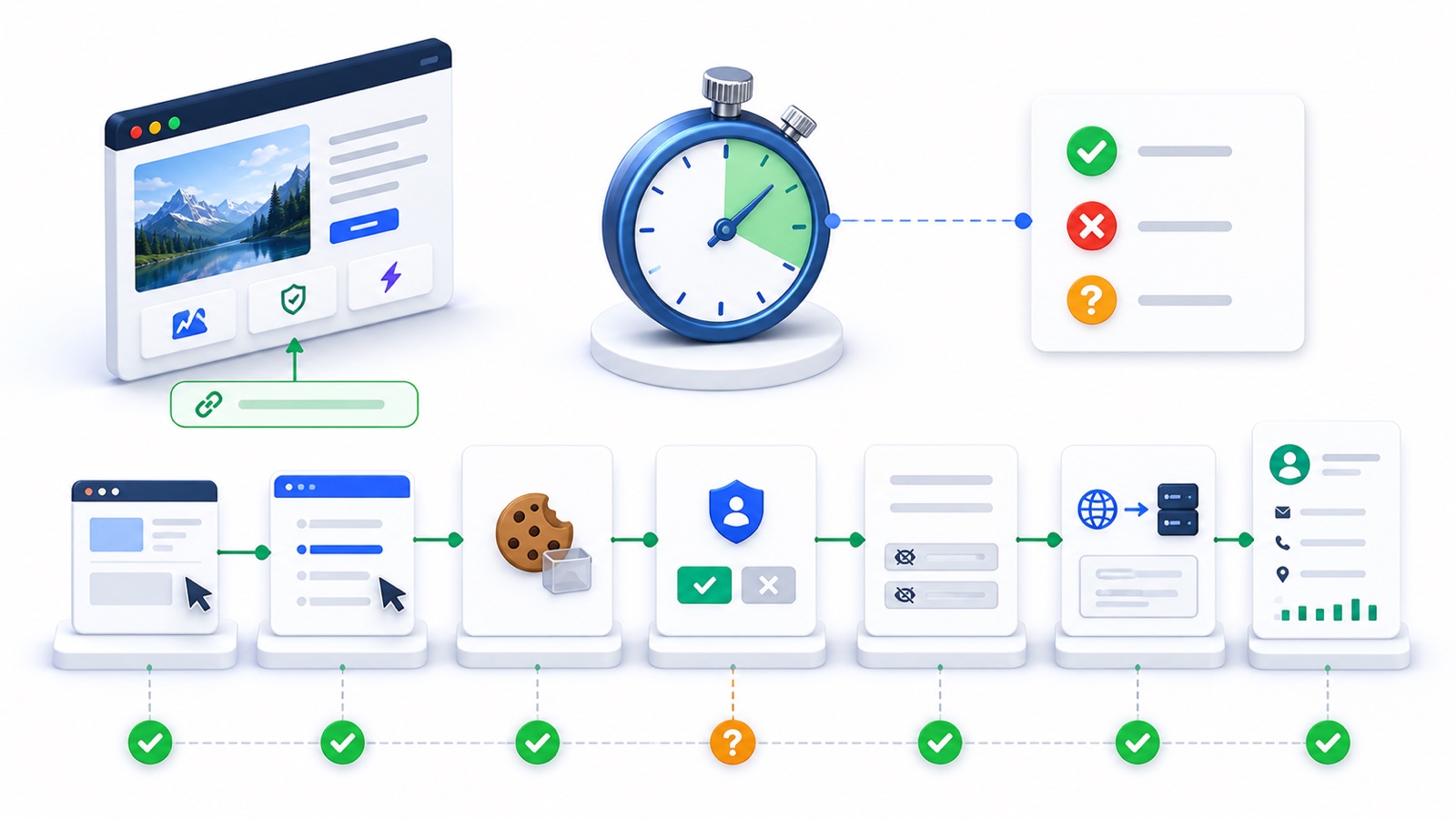 A timed WordPress UTM tracking audit following campaign data through landing, browser storage, consent, form submission, and a CRM results check.