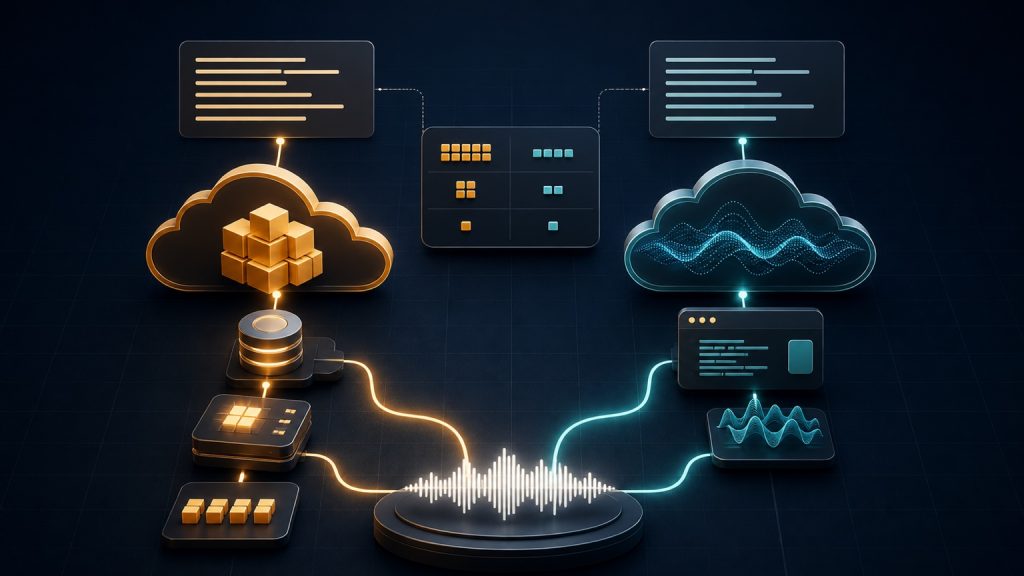 Editorial illustration of one audio waveform splitting into two cloud transcription pipelines with a central cost comparison grid.
