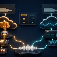 Editorial illustration of one audio waveform splitting into two cloud transcription pipelines with a central cost comparison grid.