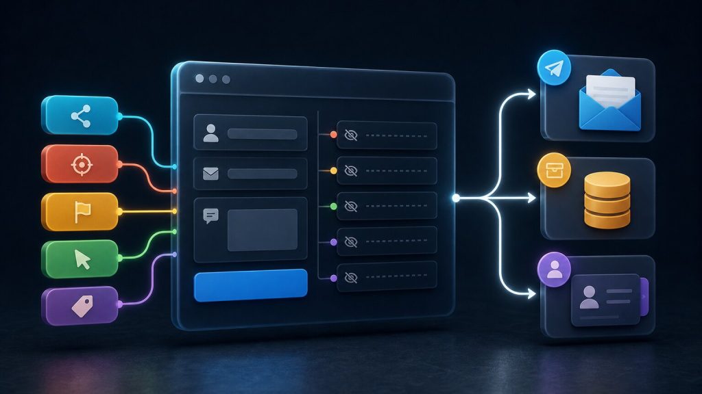 Illustration of five UTM values entering hidden Contact Form 7 fields and flowing to email, stored submissions, and a CRM contact record.
