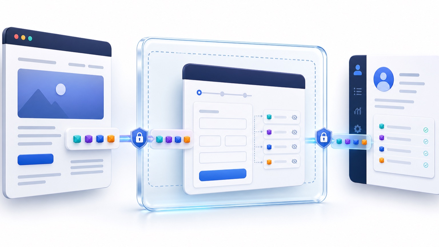 Illustration of UTM attribution passing securely from a parent WordPress page through a cross-origin iframe and embedded form into a CRM lead record.