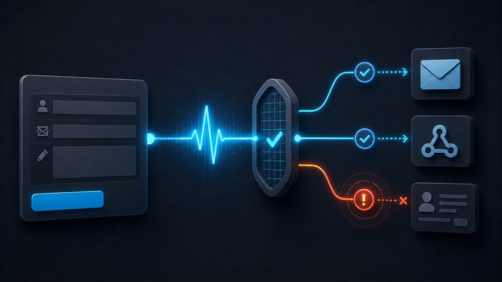 WordPress contact form monitored through an end-to-end verification gate, with email and webhook paths healthy and a CRM path failure detected.